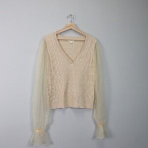 Maeve Anthropologie Sweater Women L Beige Texture Sheer Sleeve Knit Fairy 274
